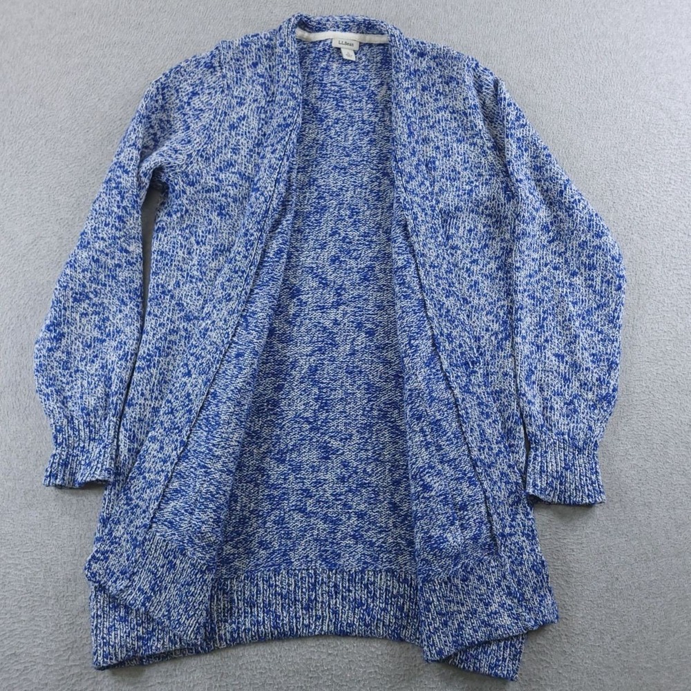 LL Bean Cardigan Womens Small Blue White Ragg Sweater Open Front Pockets Marled